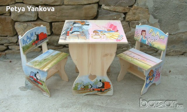 детска дървена рисувана маса с 2 стола, снимка 3 - Мебели за детската стая - 19579536