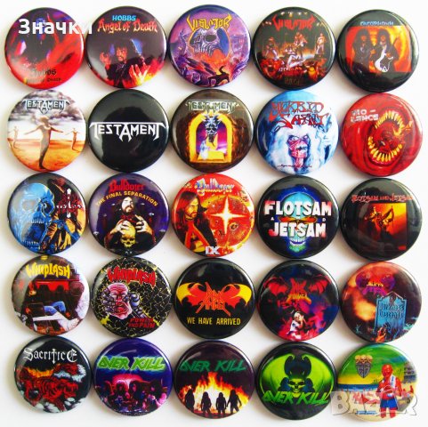 Значки на Testament Overkill Dark Angel Whiplash Violator Bulldozer Flotsam & Jetsаm и други