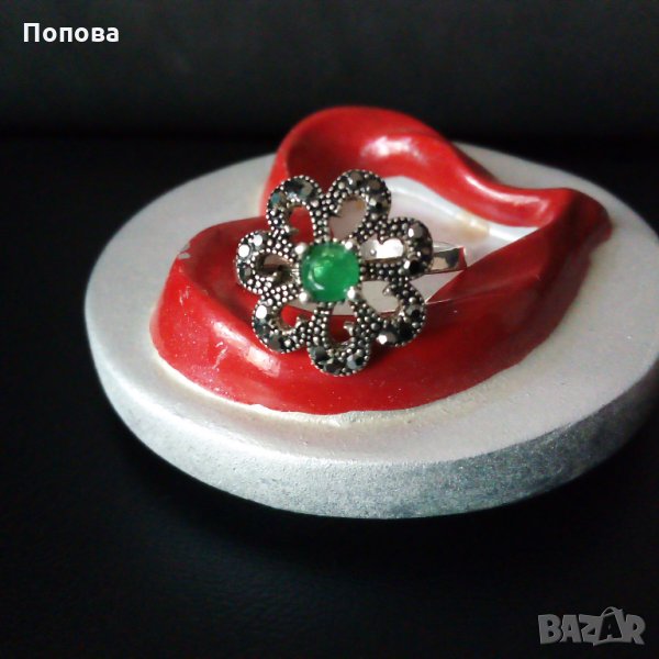 Сребърен пръстен цвете стествен камък и марказити, снимка 1