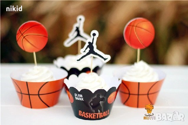 Basketball Баскетбол Баскетболисти 12 бр топери и кошнички украса декорация за мъфини кексчета парти, снимка 1