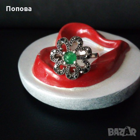 Сребърен пръстен цвете стествен камък и марказити, снимка 1 - Пръстени - 25539140