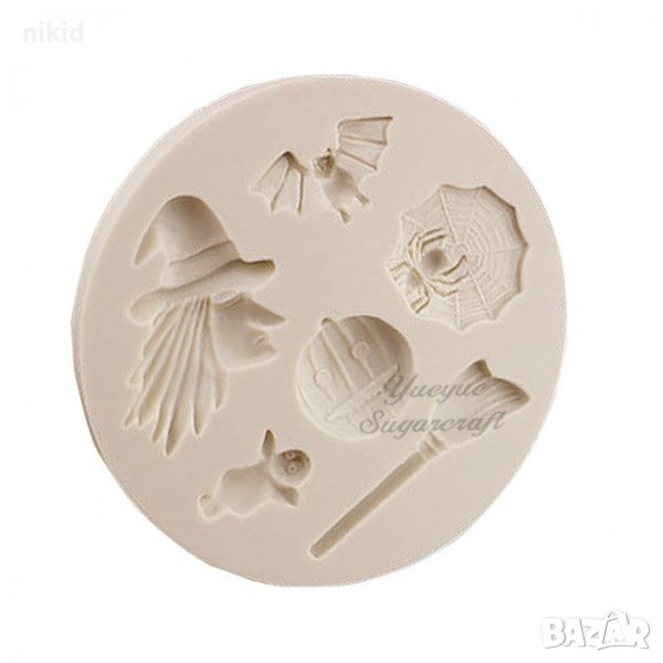 Хелоуин Halloween Баба Яга прилеп метла тиква мрежа паяк силиконов молд форма фондан, снимка 1