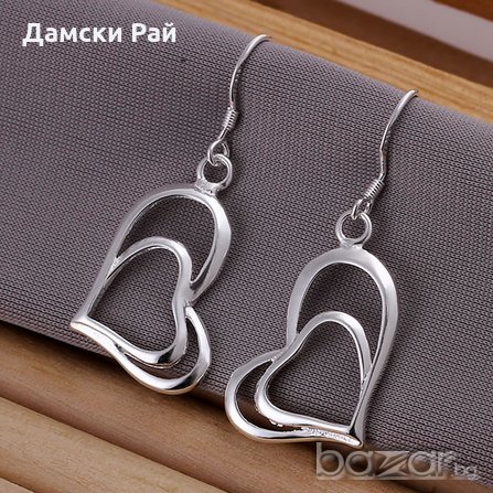 Сребърни обеци с две сърца, снимка 1 - Обеци - 8496262
