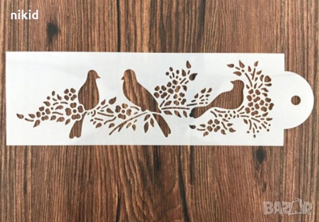 3 птички на клони с листа стенсил шаблон за спрей за торта украса кекс декорация с пудра захар боя, снимка 1