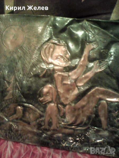 Медна картина детенце с кученце на поляна , снимка 1