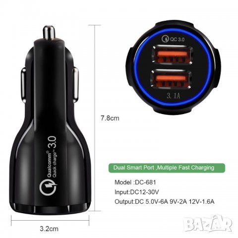 Двойно USB зарядно за кола с ( св.индикатор,защита и висока скорост ), снимка 8 - Аксесоари и консумативи - 23540957