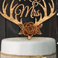 Mr & Mrs г-н г-жа роза с рога Дървен топер за сватба украса табела за торта, снимка 1 - Други - 26191495