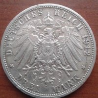 3 Mark 1912 Wilhelm II von Württemberg, снимка 2 - Нумизматика и бонистика - 20495019