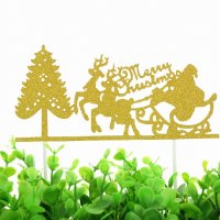 Merry Christmas елха и шейна с елени златист брокат мек топер с клечка за торта с надпис, снимка 1 - Други - 23044129