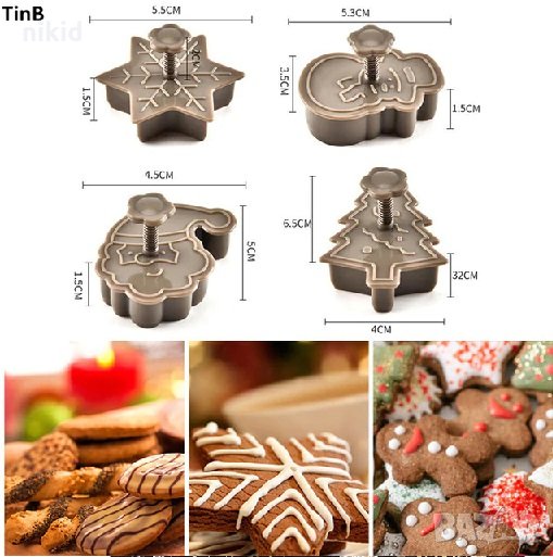 4 Коледни Снежинка Снежен човек Елха Дядо Коледа пластмасови резци бутало релеф сладки форма резец, снимка 1
