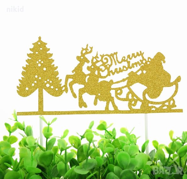 Merry Christmas елха и шейна с елени златист брокат мек топер с клечка за торта с надпис, снимка 1