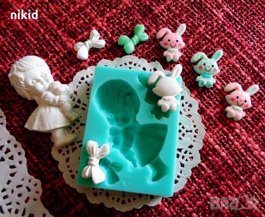 Момиченце зайче заек и панделка силиконов молд форма декорация торта фондан шоколад гипс