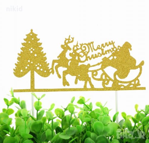 Merry Christmas елха и шейна с елени златист брокат мек топер с клечка за торта с надпис