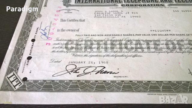 Сертификат за 8 акции (САЩ) | International Telephone & Telegraph Corporation | 1968г., снимка 3 - Нумизматика и бонистика - 25233270