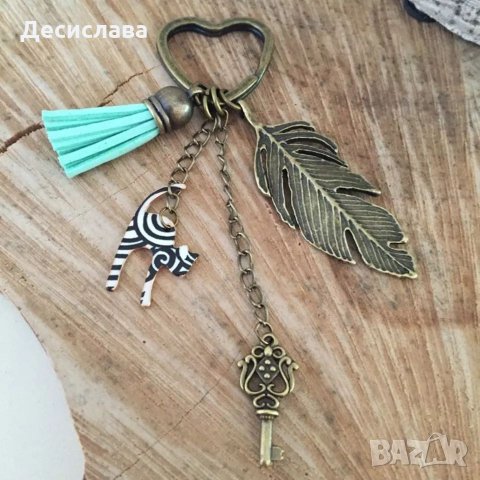 Винтъдж ключодържател с котка, пискюл и ключ, снимка 4 - Други - 24940024