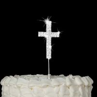 Кръст Малък сребрист Метален диамантени камъни топер за Кръщене украса торта пита , снимка 1 - Други - 23456400