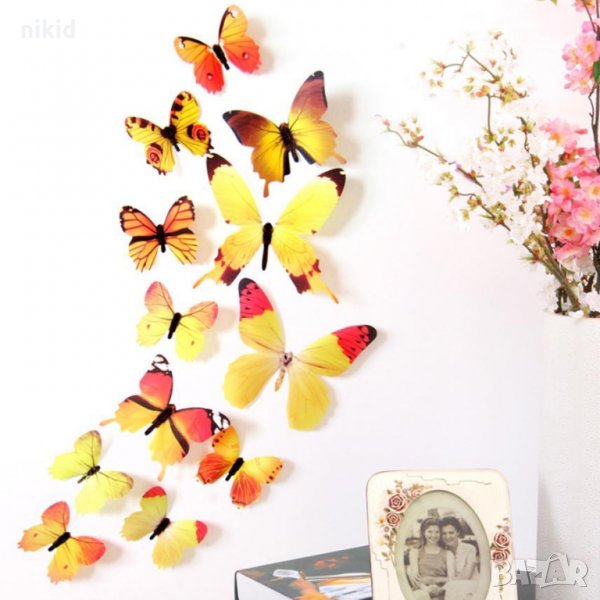 3D 12 бр pvc жълти самозалепващи пеперуди декорация за стена и мебел, снимка 1