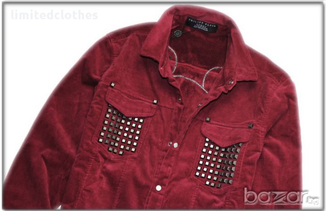 PHILIPP PLEIN RED STUDDED MOUSE SKULL Мъжка Плюшена / Ватирана Риза size S / M, снимка 4 - Ризи - 9251654