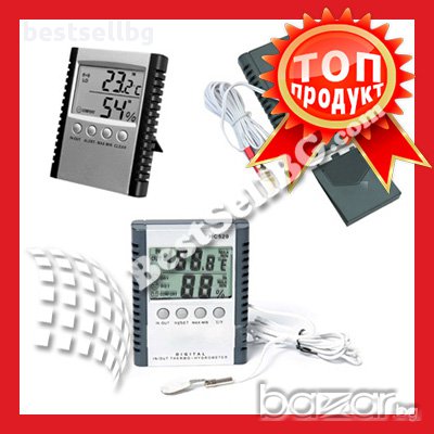 Електронен термометър за измерване на външна, вътрешна температура и влажност, стаен, влагомер, бюро