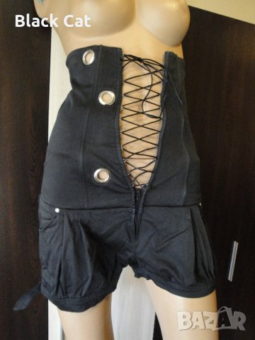 Нов черен къс дамски гащеризон с връзки (тип корсет), къси панталонки, панталони, панталон, блуза, снимка 5 - Гащеризони - 13970641