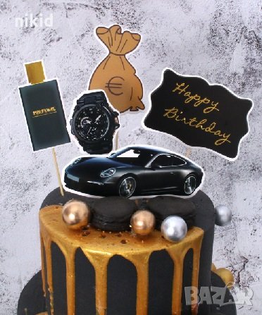 5 бр Автомобил парфюм часовник пари Happy Birthday топер топери картон декор украса за торта рожден , снимка 1