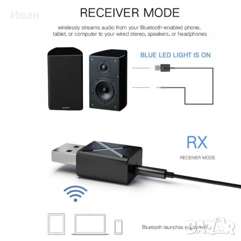 *ТОП* 2 в 1 блутут аудио 5.0 адаптер Bluetooth 5.0 adapter за аудио устройства , снимка 12 - Приемници и антени - 24609299