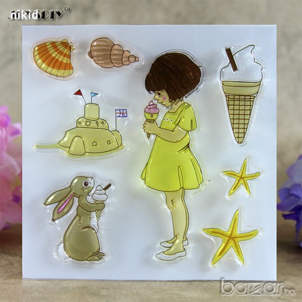 Момиче сладолед зайче мида рапан силиконов гумен печат декор украса бисквитки фондан Scrapbook, снимка 1