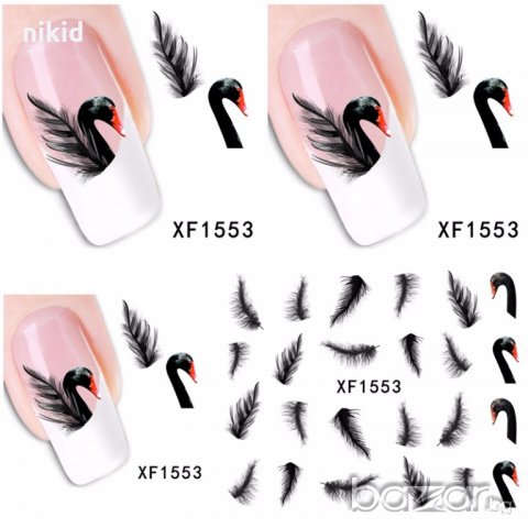 XF1553 èрни лебеди ваденки водни стикери за нокти маникюр