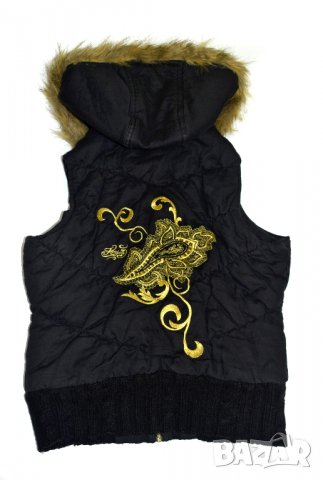Kani Ladies дамски черен зимен елек подвижна качулка златна бродерия, снимка 2 - Якета - 23790795