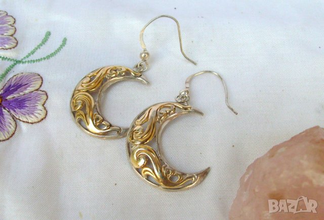 Ажурни Маркови Сребърни Позлатени Обеци- Луни, снимка 1