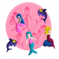 Русалка и делфин 3 русалки в кръг силиконов молд форма декорация украса фондан торта мъфини, снимка 1 - Форми - 21556665