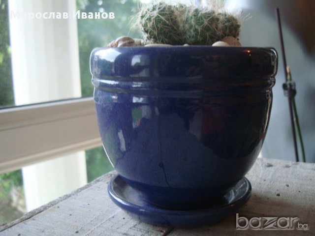 синя керамична саксия с чинийка, снимка 1