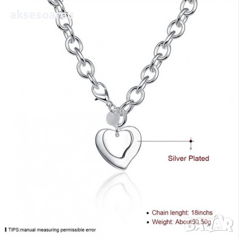 Посребрено бижу двойно сърце с дебела верига огърлица, колие, снимка 5 - Колиета, медальони, синджири - 20138615