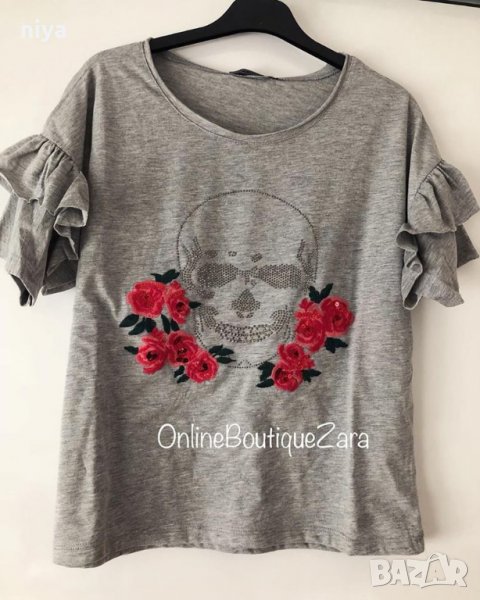 Тениска със череп и рози в сив цвят - Размери - M и Л , снимка 1