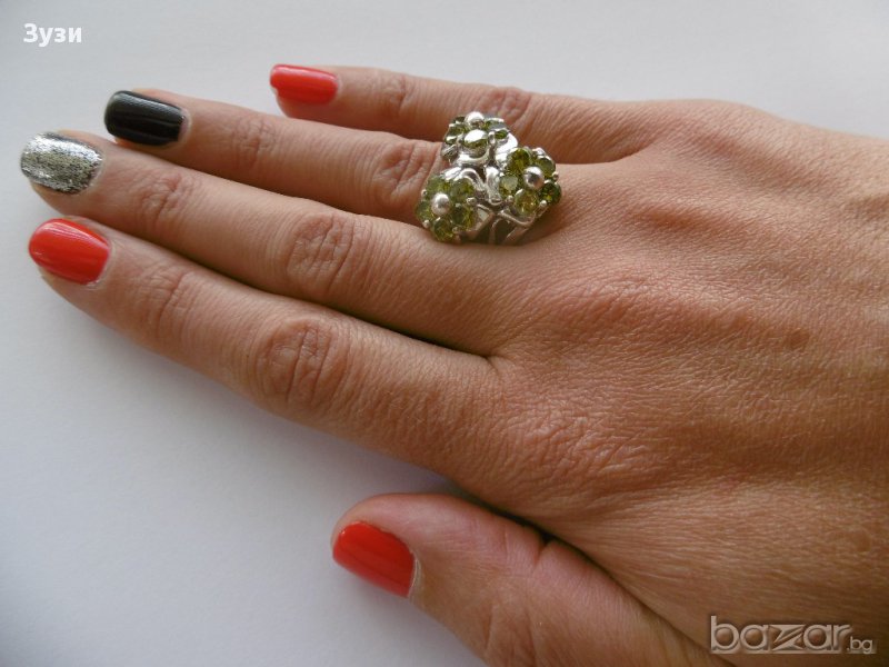 Сребърен дамски пръстен с перидот - сребро проба 925, снимка 1