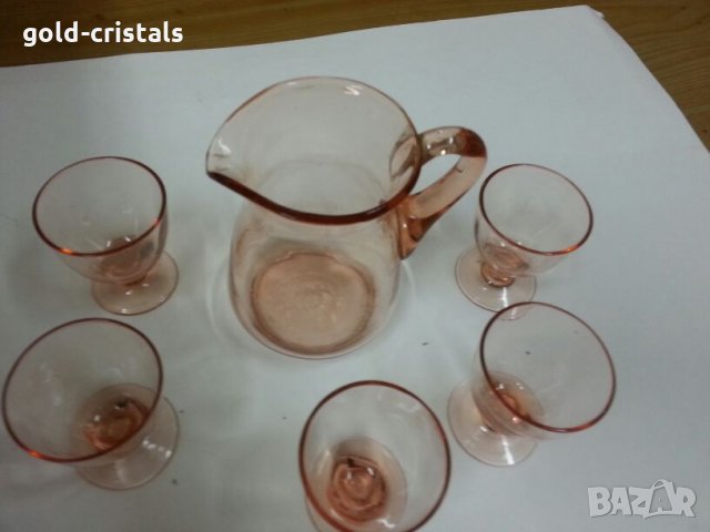 стари стъклени чаши и кана за ракия розово стъкло, снимка 8 - Антикварни и старинни предмети - 25134680