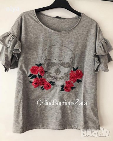 Тениска със череп и рози в сив цвят - Размери - M и Л 