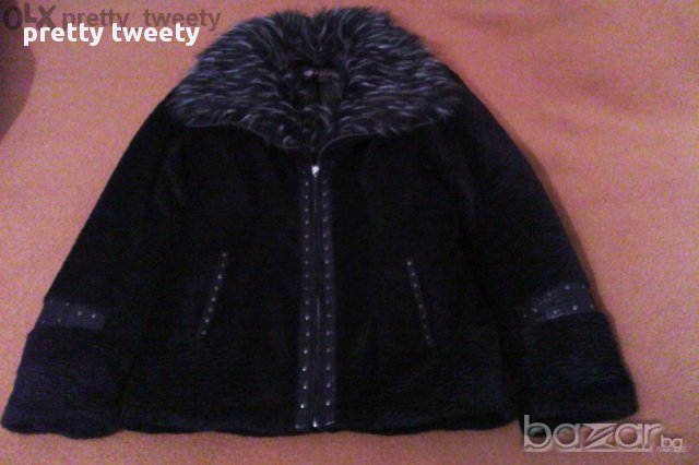 Черен кожух с космата яка и кожени части 