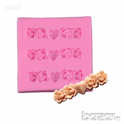 силиконова форма отливка 3 реда мини розички със сърце  молд за украса декорация фондан торта мъфин