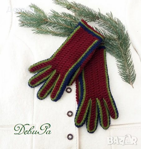 Плетени ръкавици ,,Зимни - сини с бордо горница и зелен контур", снимка 3 - Ръкавици - 24009581