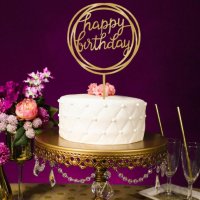 Happy Birthday в Кръг твърд Акрил Златен топер за торта Рожден Ден, снимка 1 - Други - 22187134