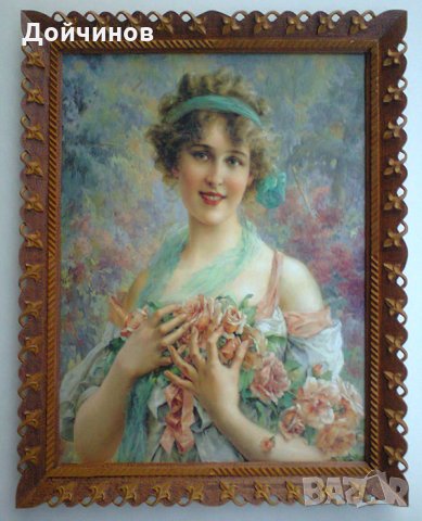 Портрет на млада жена с рози, картина, импресионизъм , снимка 2 - Картини - 23712386