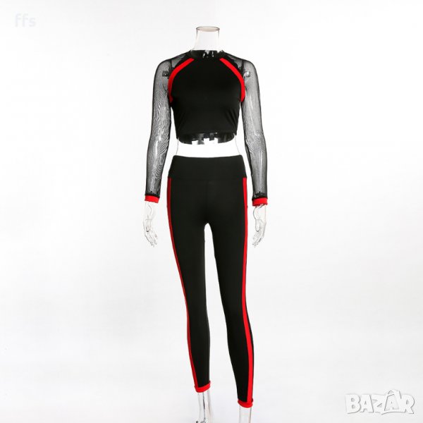 Спортен сет - клин и къса блуза с дълъг ръкав в черно и червено. КОД 614, снимка 1