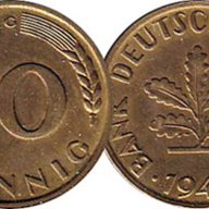 Монети с номинал 10 пфениг отсечени през различни години 