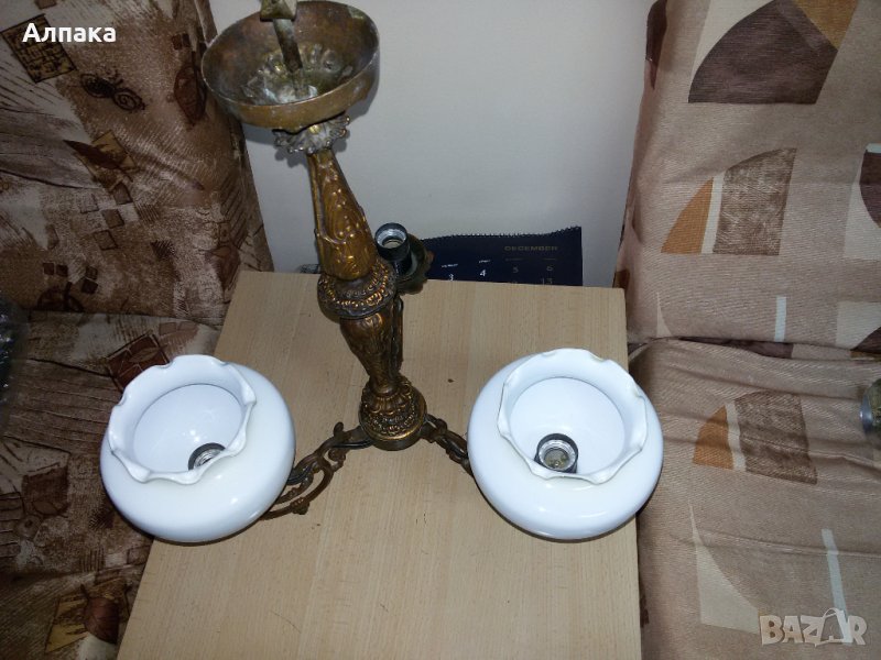 Продавам месингов /3 лампи/ орнаментен полюлей, старото производство на Камъшит Силистра, снимка 1