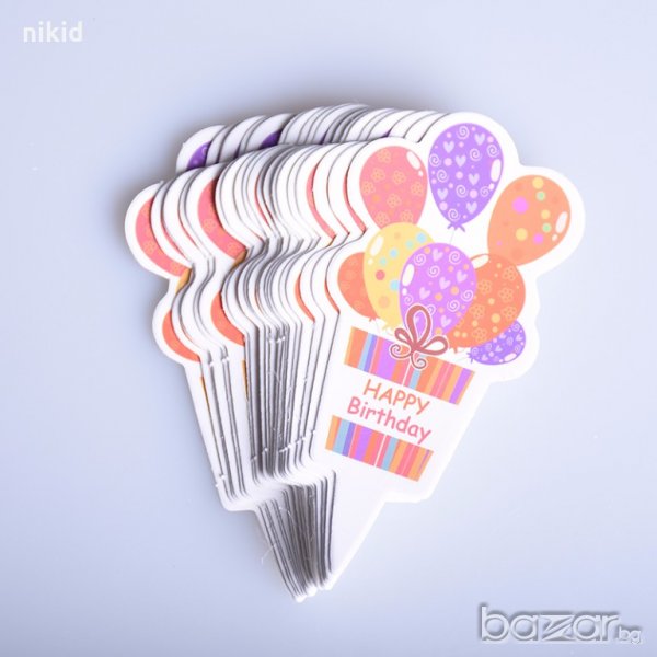 25 бр завързани балони Happy Birthday надпис табелка картон топери за кексчета мъфини рожден ден, снимка 1