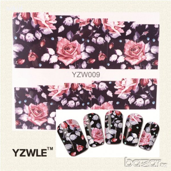 YZW-009 черен фон рози татос ваденки слайдер водни стикери за нокти маникюр, снимка 1