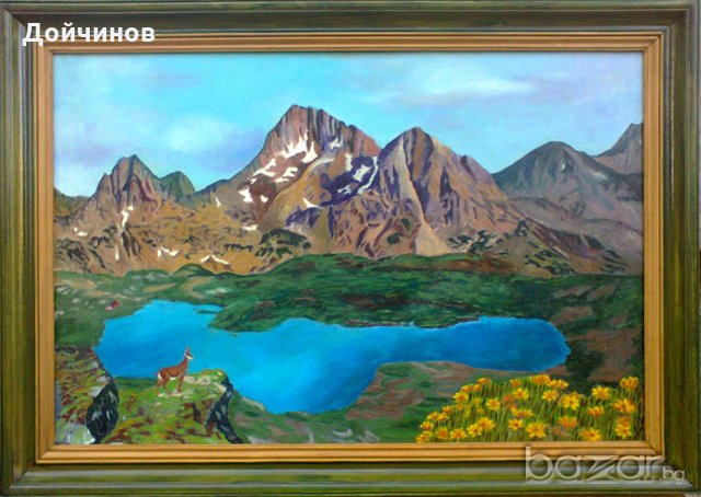 Пирин планина - Тевното езеро с връх Каменитица, живопис, маслени бои, платно, снимка 1 - Картини - 18234872