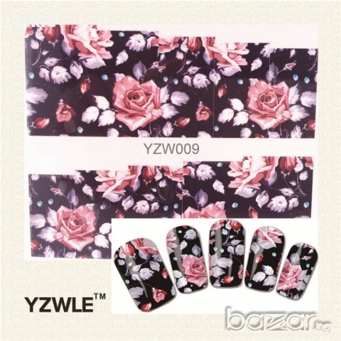 YZW-009 черен фон рози татос ваденки слайдер водни стикери за нокти маникюр, снимка 1 - Декоративна козметика - 16213043
