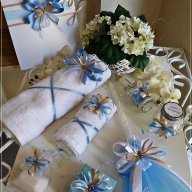 Комплект за кръщене в бежаво и светло синьо с кръстче, снимка 1 - Подаръци за кръщене - 16474133